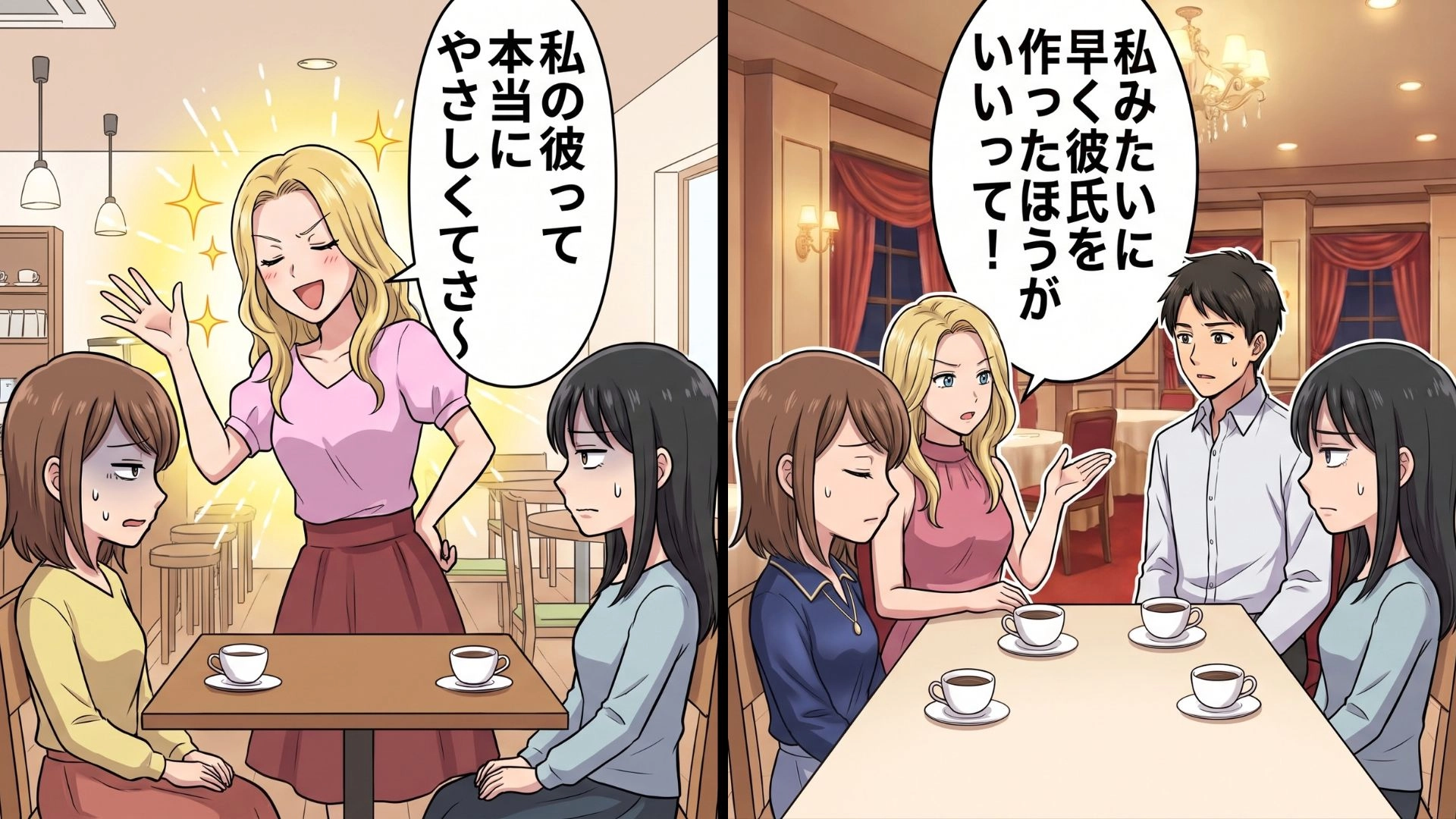 【最後にスカッと!】「私みたいに彼氏を作ったほうがいい」彼氏の自慢ばかりする友人にうんざり…彼を交えた食事会で、そんな“マウント女子”を黙らせる出来事が!