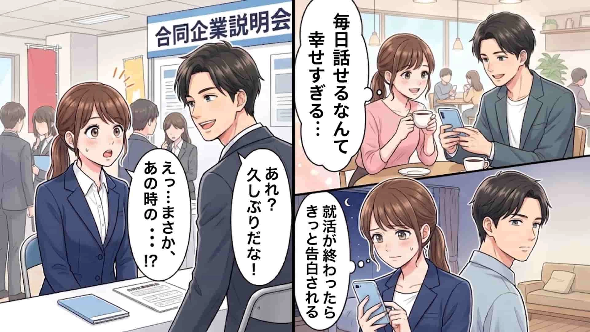 【就活】憧れの彼と企業説明会で遭遇♡「実はずっとお願いしたいことがあったんだ」最終面接後、突然呼び出されて...“予想外の展開”に主人公パニック！？・前編