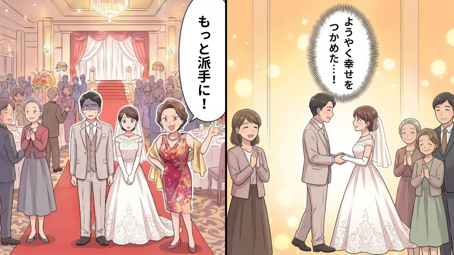 【最後にスカッと！】結婚式当日、母が勝手に知人を大勢招待！？まさかの事態に一同パニック。すると新郎が【予想外のひと言】を…！