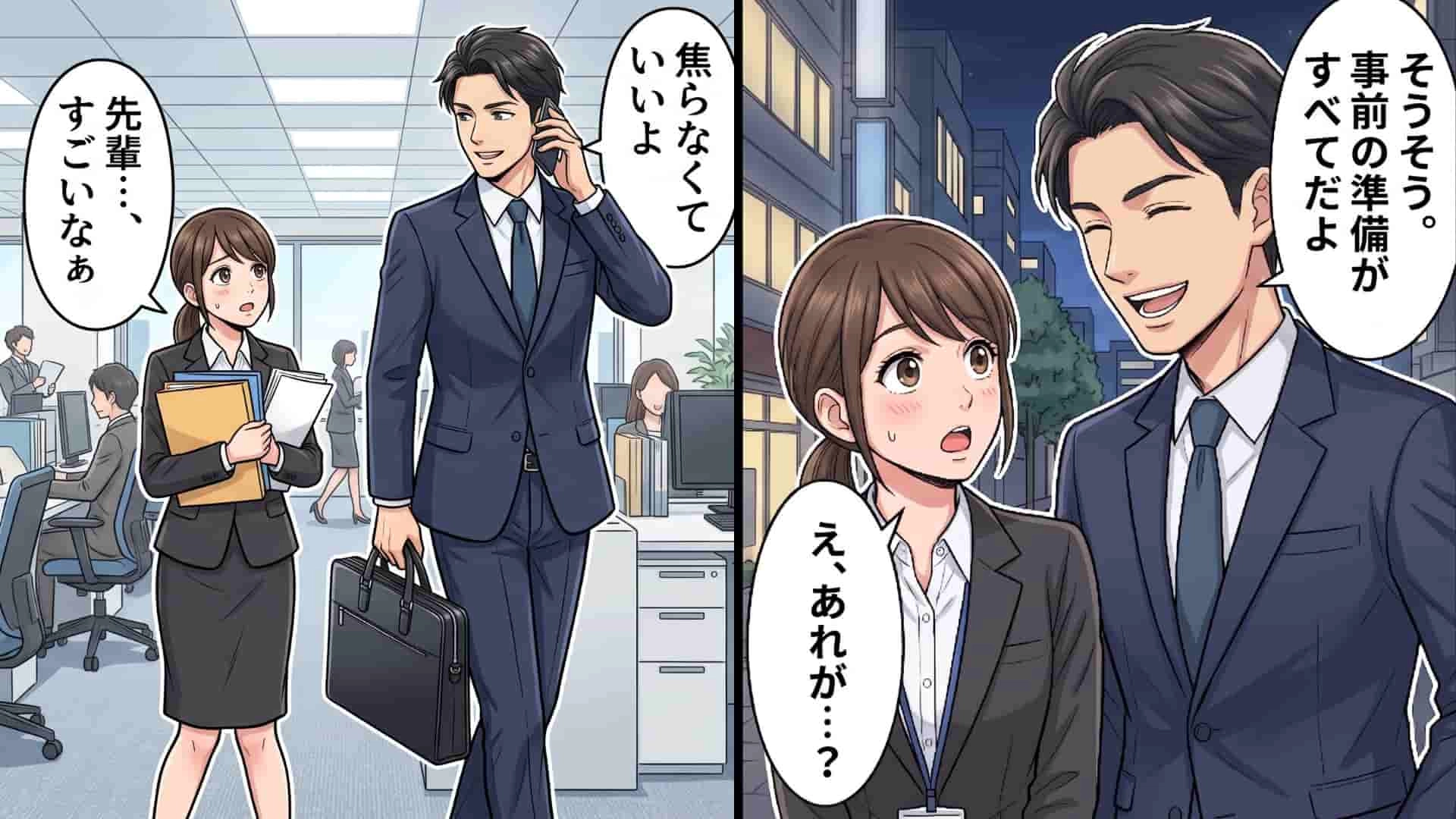 【職場】営業トップの先輩に初めて同行。1位に輝くための『とっておきの秘策』が予想外すぎて、主人公困惑...!