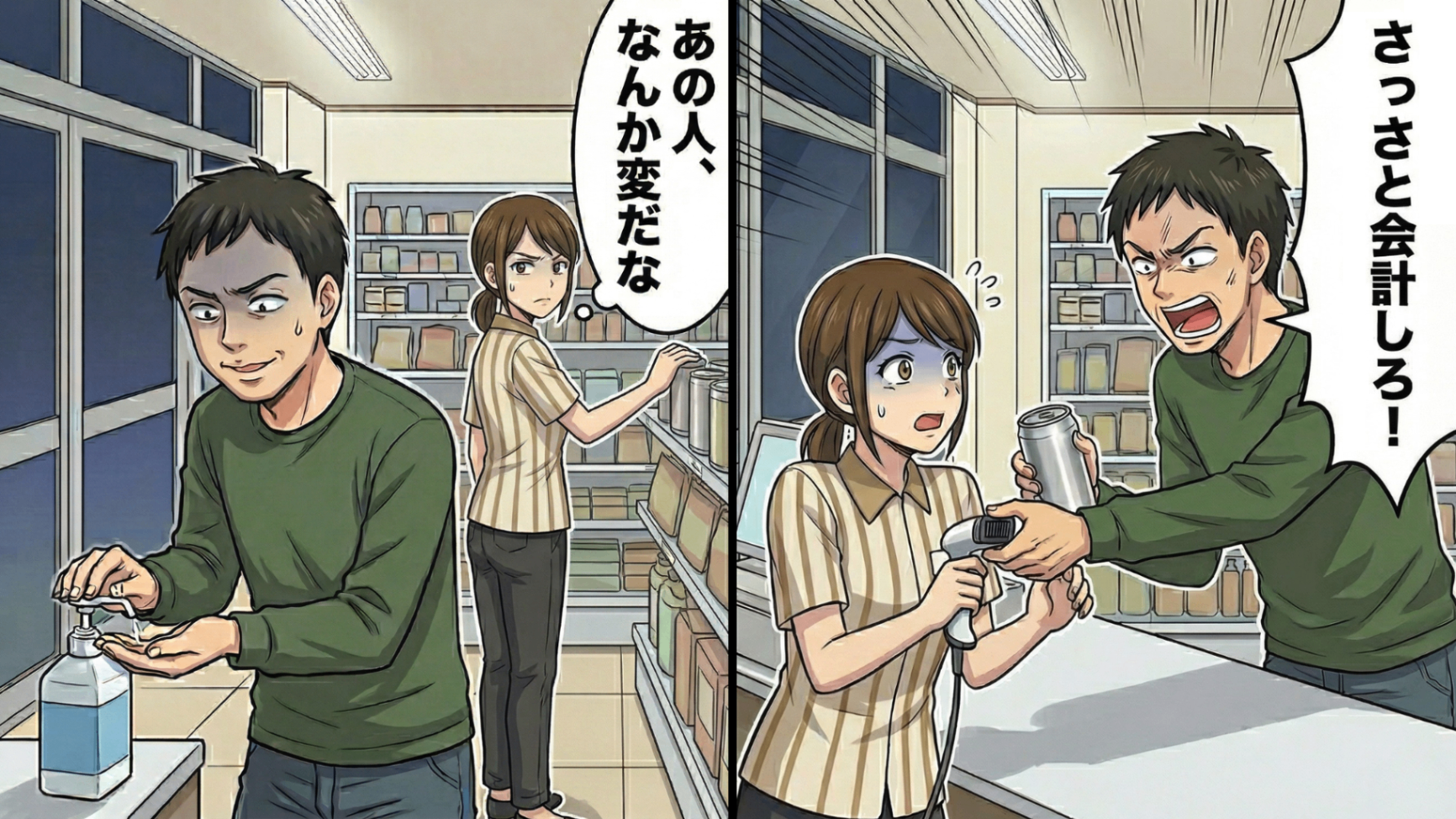【カスハラ】「お前、ちゃんと手洗ったのか？」深夜のコンビニバイトに現れた、潔癖症のクレーム客。接客すると“衝撃発言”を連発して大暴れ…！？追い詰められた私を救ってくれた【まさかの人物】とは...！