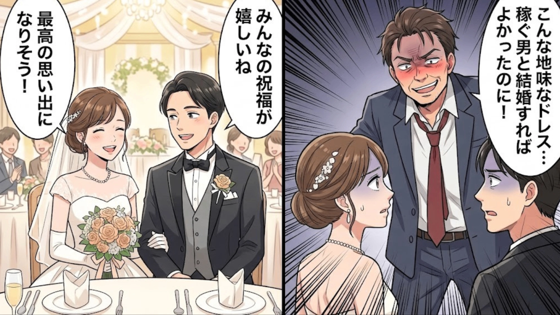 【最後にスカッと！】「もっと稼ぐ男と結婚すればよかったのに」結婚式で上司がまさかの暴言。すると次の瞬間、【予想外の救世主】が現れて...！？・前編