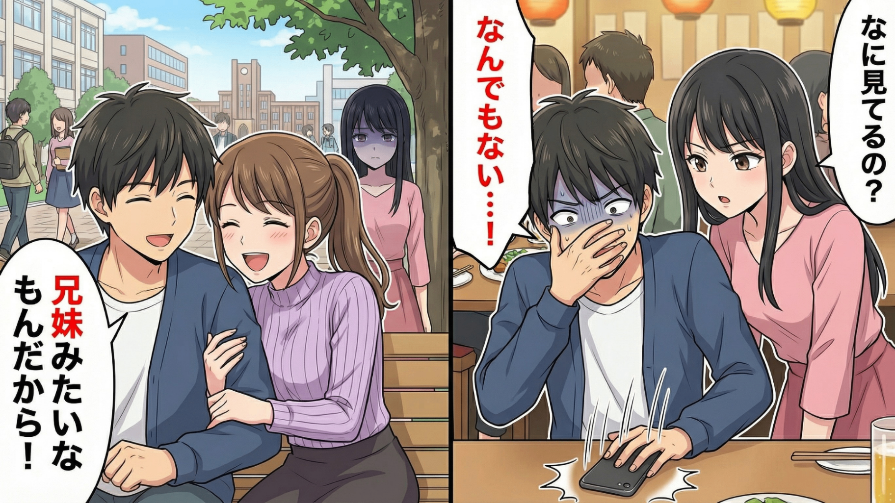 「ただの兄妹みたいな関係だよ」と言い張る彼氏と女友だち。不審な行動がエスカレートし、ついに追い詰められた私は禁断の行動へ…スマホのなかにあった【衝撃のやり取り】とは！？・前編