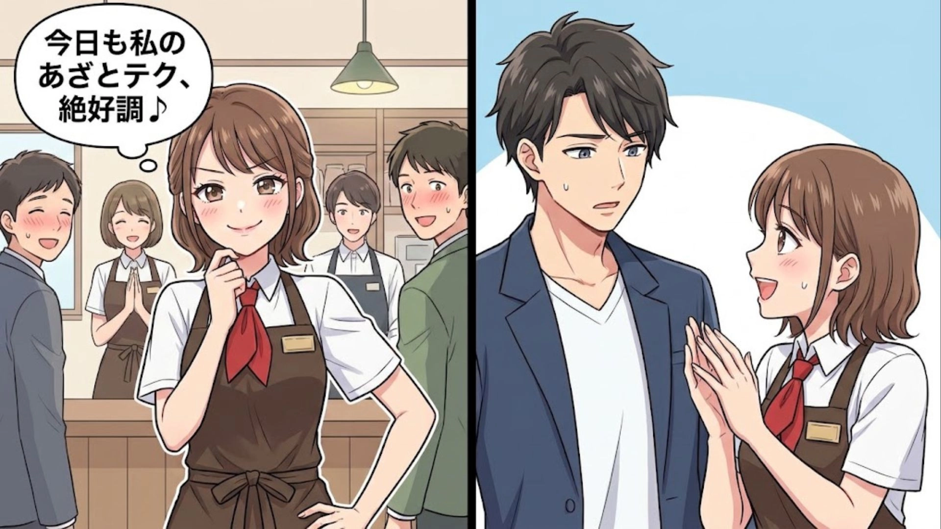 【バイト】イケメン常連客が来店したある日のこと♡ “あざとさ”を武器にモテモテ！？自信満々な主人公がアプローチしてみると、意外な結末に...！・前編