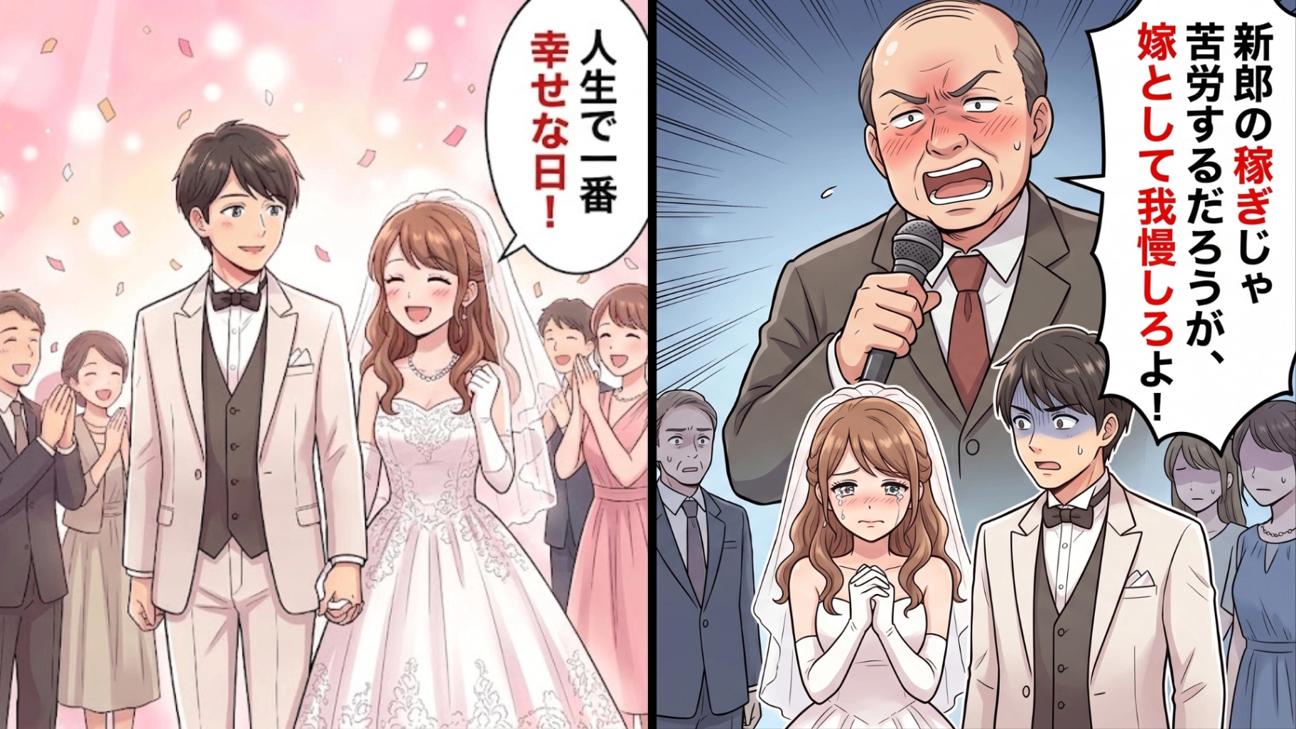 【結婚式】「嫁としてしっかり我慢しろよ」和やかな披露宴中。酔っ払った親戚のおじさんが【とんでもない発言】を...！？・前編