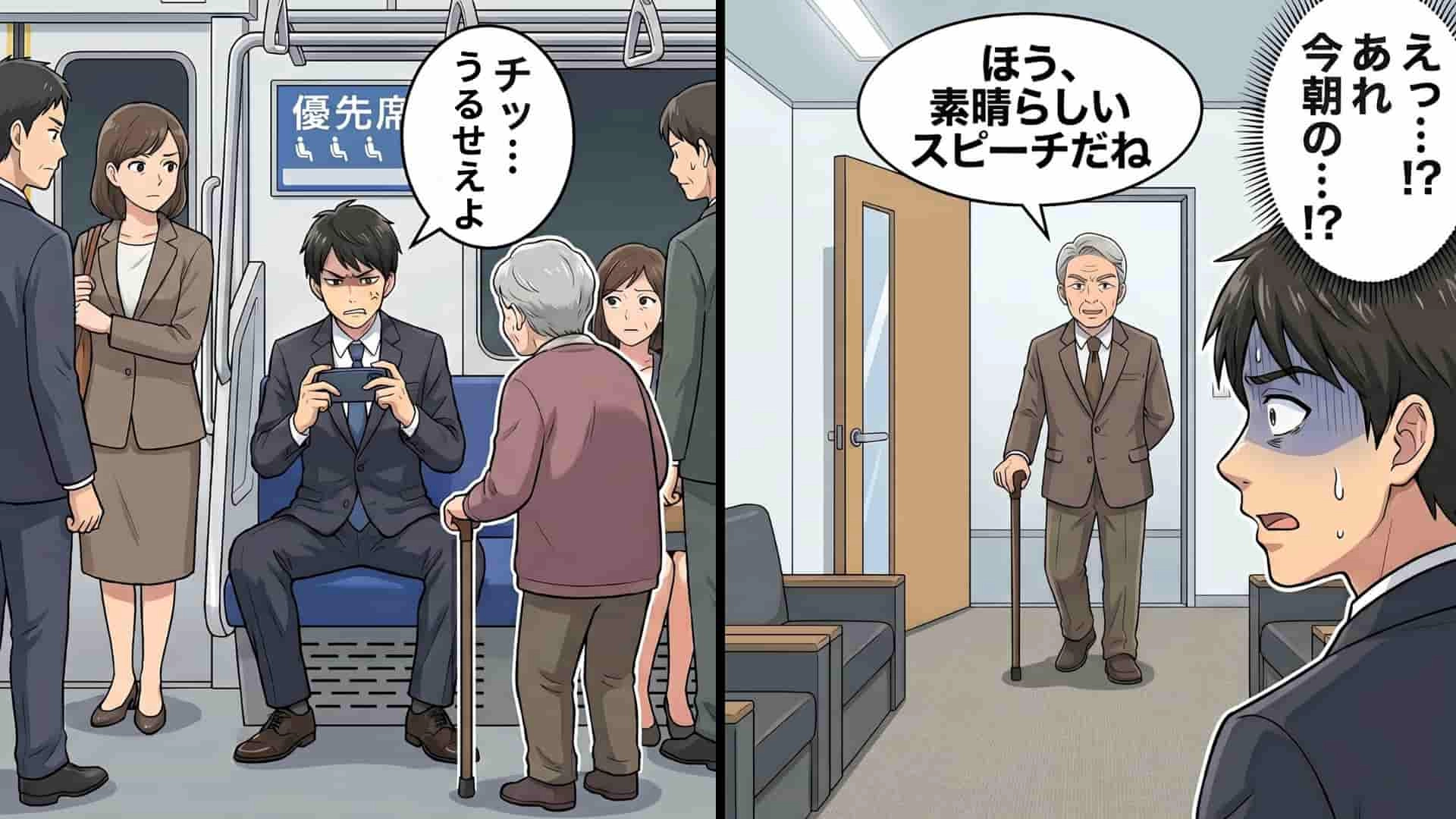 【就活】満員電車の優先席で“お年寄り”を無視。その後、本命企業の最終面接に行くと、【予想外の事態】に...！