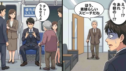 【就活】満員電車の優先席で“お年寄り”を無視。その後、本命企業の最終面接に行くと、【予想外の事態】に...！