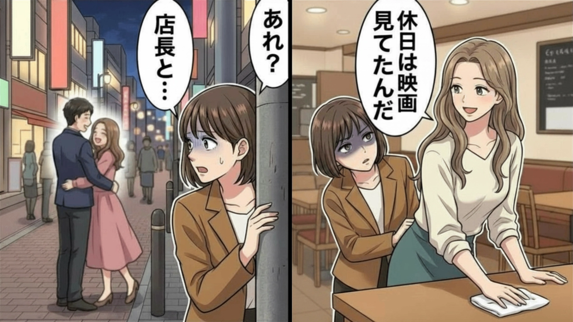 休日に彼女持ちの店長とバイト仲間の“デート現場”を目撃。主人公が見てしまった【信じられない光景】とは...!?・前編