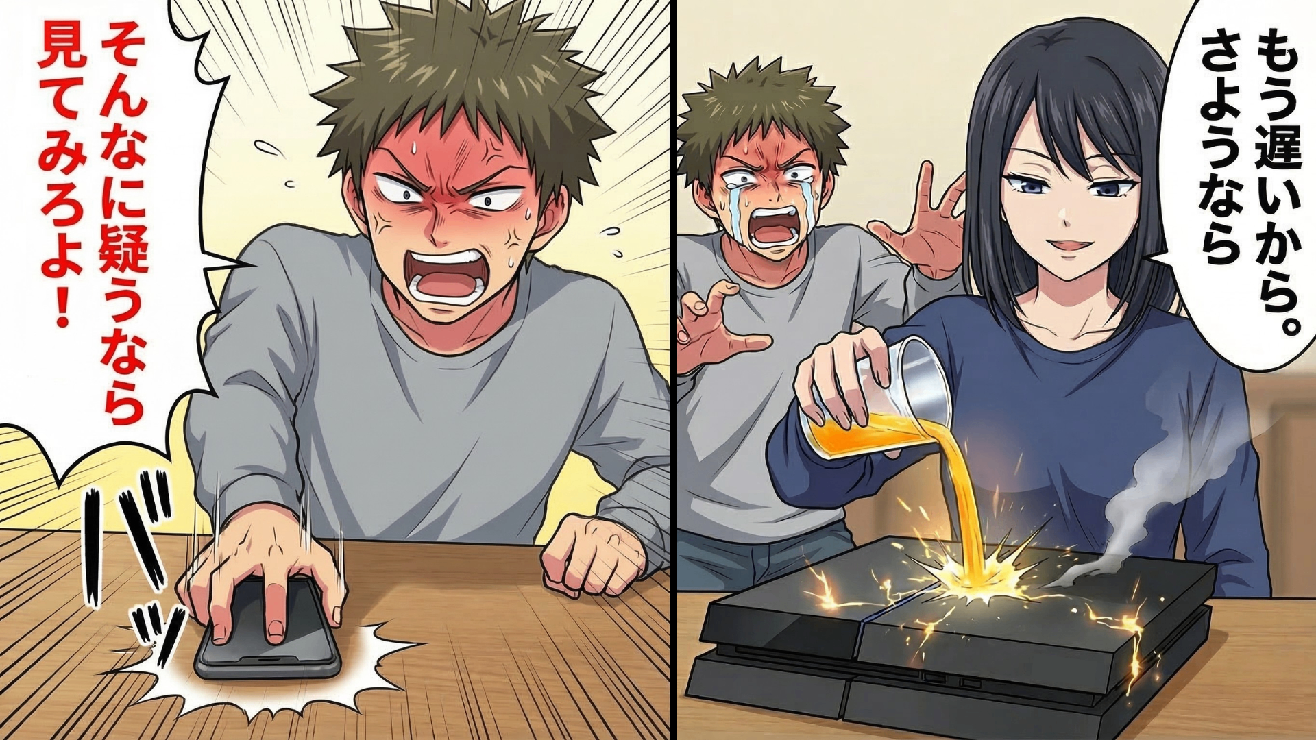 自信満々に「スマホを見ろ！」と逆ギレして叩きつけた彼氏。メッセージ履歴が空っぽなことに勝ち誇る彼に対し、主人公はメッセージアプリを無視！？そして【予想外の場所】を開いた瞬間、彼の顔面は蒼白に…！