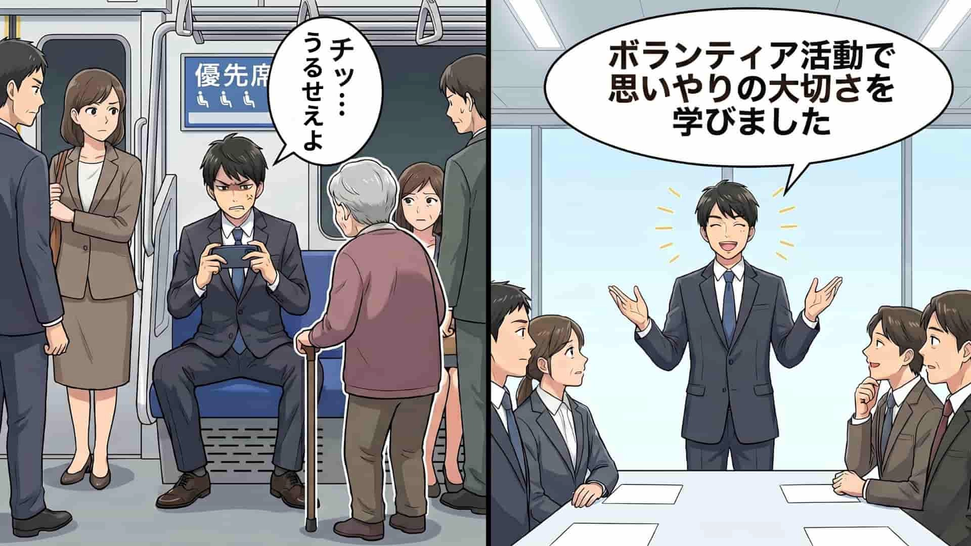 【就活】満員電車の優先席で“お年寄り”を無視。その後、本命企業の最終面接に行くと、【予想外の事態】に...！？・前編