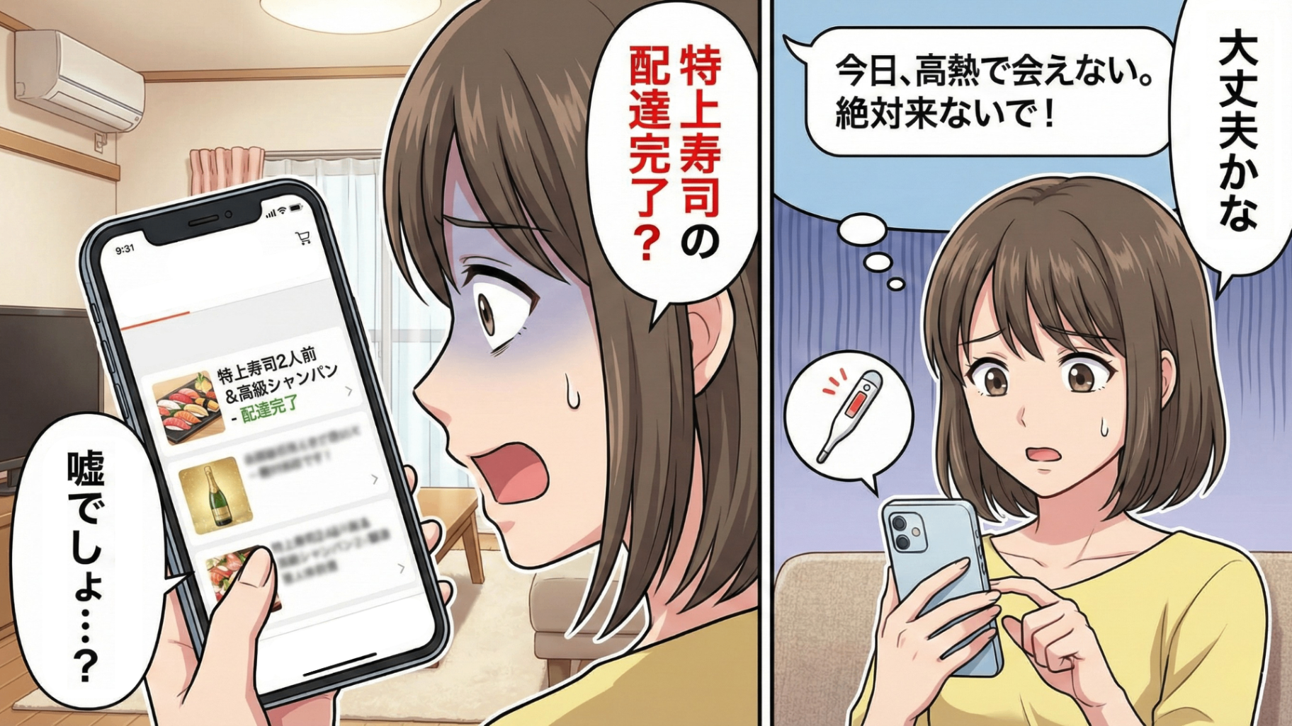 「高熱だから絶対来ないで」同棲直前、看病を拒否する彼。その直後、共有アプリに『特上寿司2人前』の配達完了通知が！？家へ突撃すると【衝撃の事実】が発覚して...！・前編