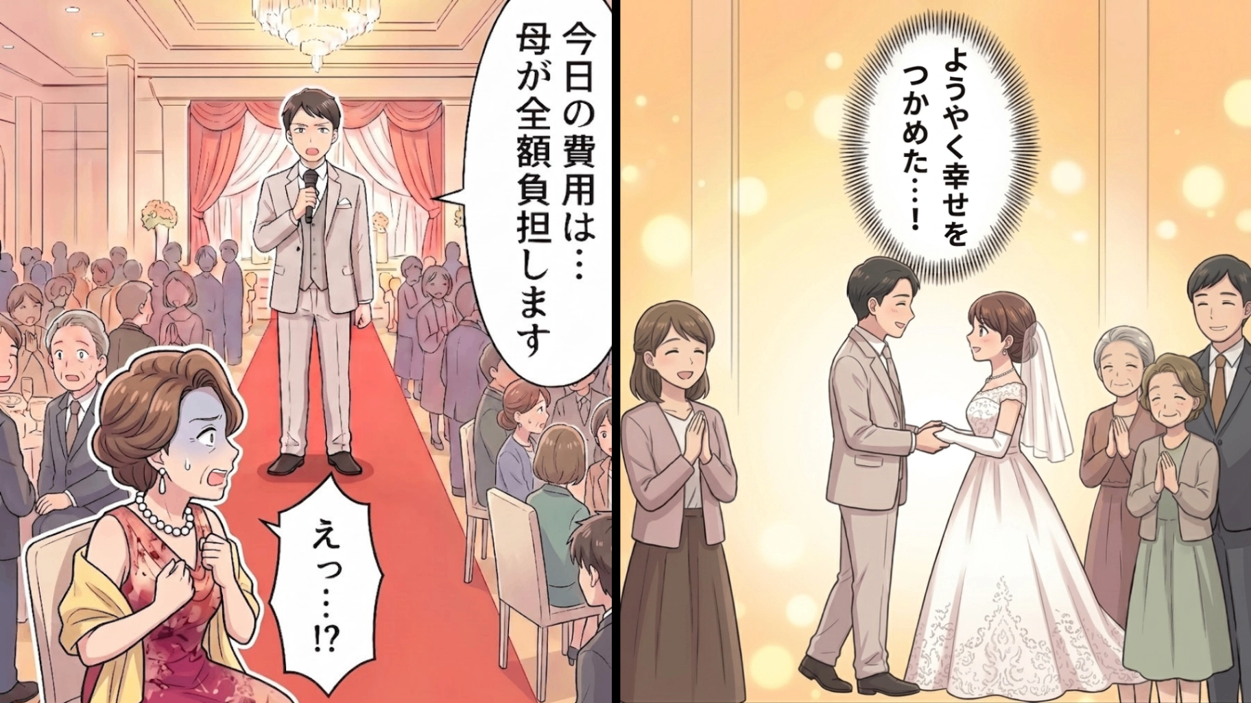 【後編】【最後にスカッと！】結婚式当日、母が勝手に知人を大勢招待！？まさかの事態に一同パニック。すると新郎が【予想外のひと言】を…！