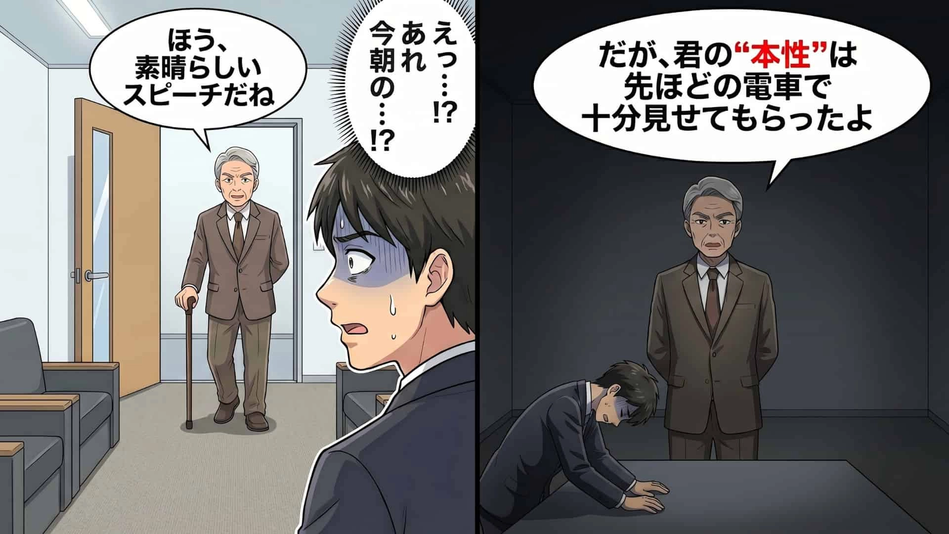【後編】【就活】満員電車の優先席で“お年寄り”を無視。その後、本命企業の最終面接に行くと、【予想外の事態】に...！？