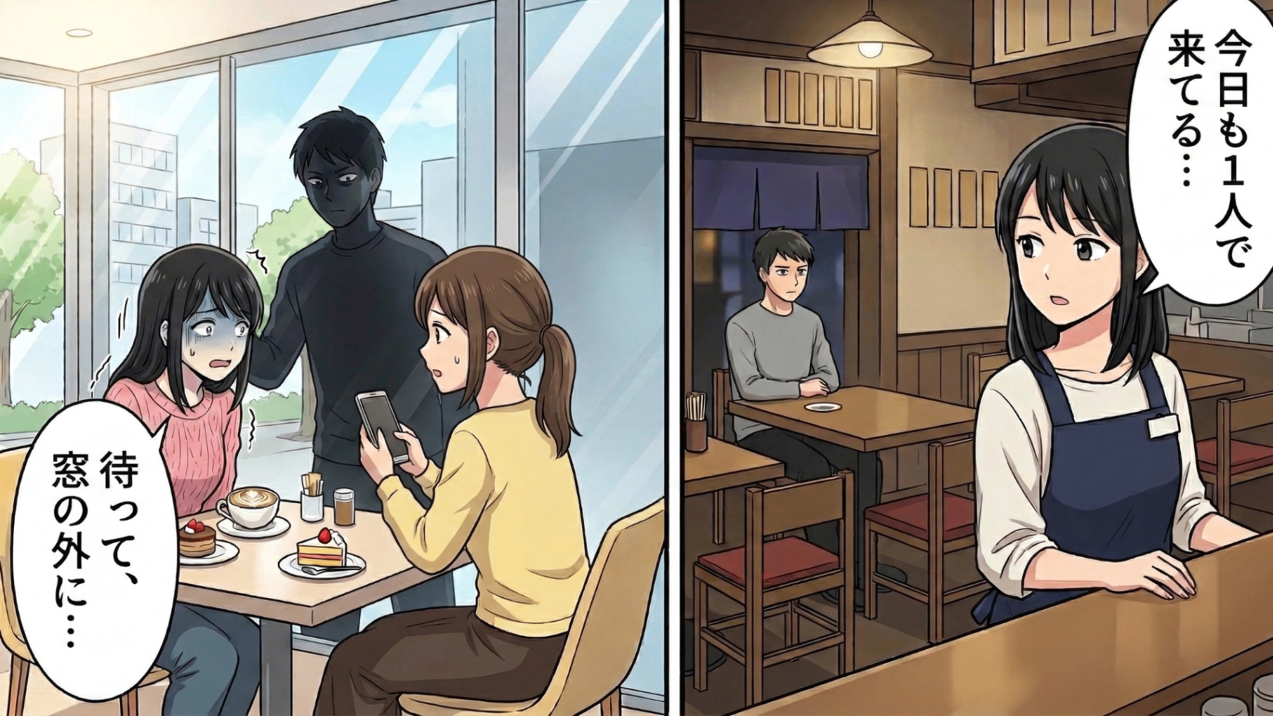 居酒屋バイトに来る、ただの無口な常連客。休日にカフェを満喫する様子をSNSに投稿すると、なぜか目の前に彼が立っていて！？私の居場所がバレた【恐怖の理由】とは...！・前編
