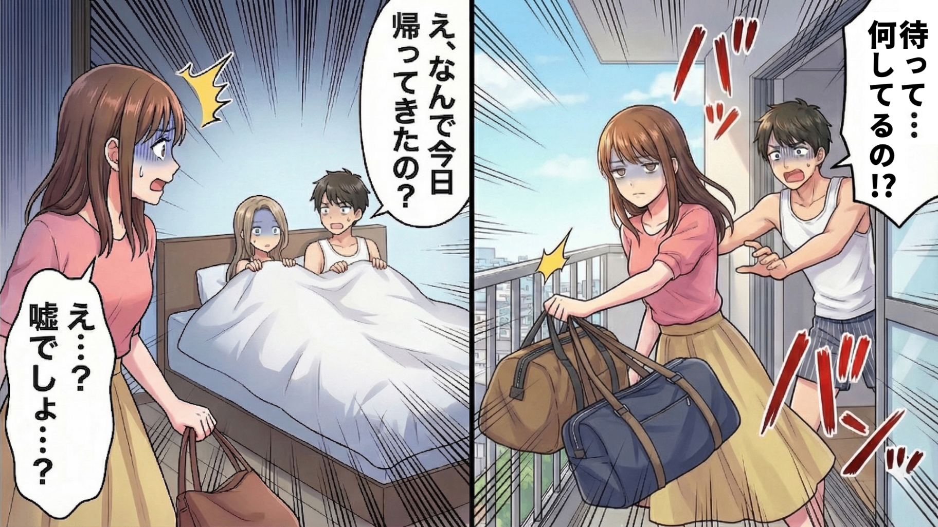 出張中に彼へ留守番を頼んだはずが、帰宅すると【ベッドに見知らぬ女性】といる姿を目撃…！？「なんで帰ってきたの？」と悪びれないひと言に絶句。混乱と怒りがこみ上げた私は“ある行動”に…！