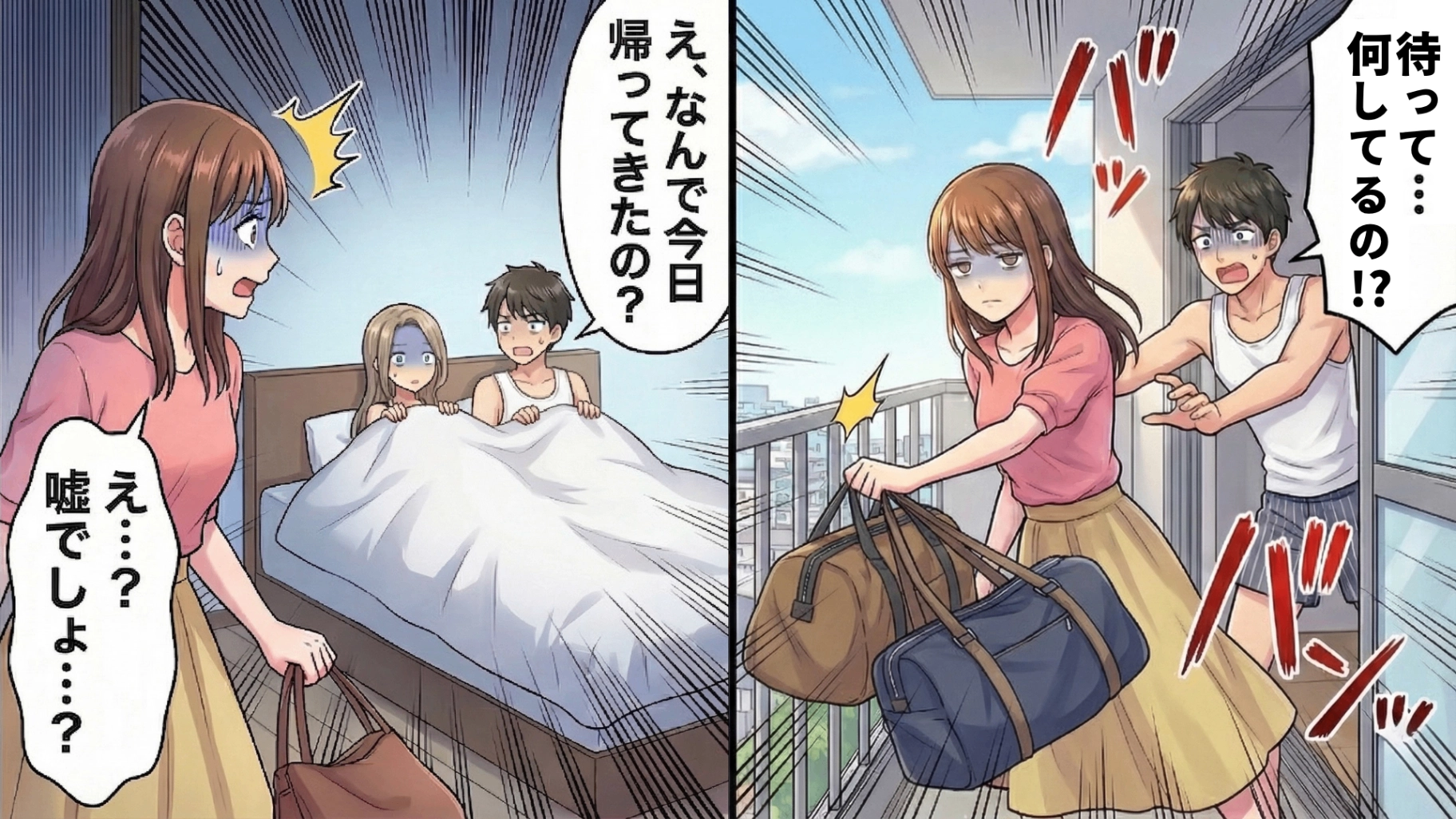 出張中に彼へ留守番を頼んだはずが、帰宅すると【ベッドに見知らぬ女性】といる姿を目撃…！？「なんで帰ってきたの？」と悪びれないひと言に絶句。混乱と怒りがこみ上げた私は“ある行動”に…！