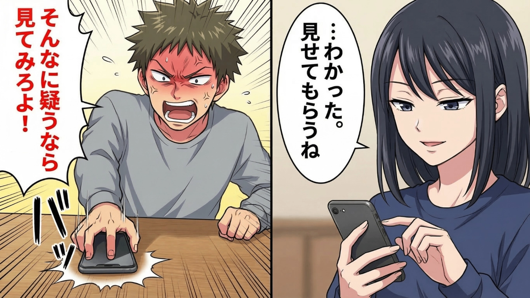 自信満々に「スマホを見ろ！」と逆ギレして叩きつけた彼氏。メッセージ履歴が空っぽなことに勝ち誇る彼に対し、主人公はメッセージアプリを無視！？そして【予想外の場所】を開いた瞬間、彼の顔面は蒼白に…！・前編