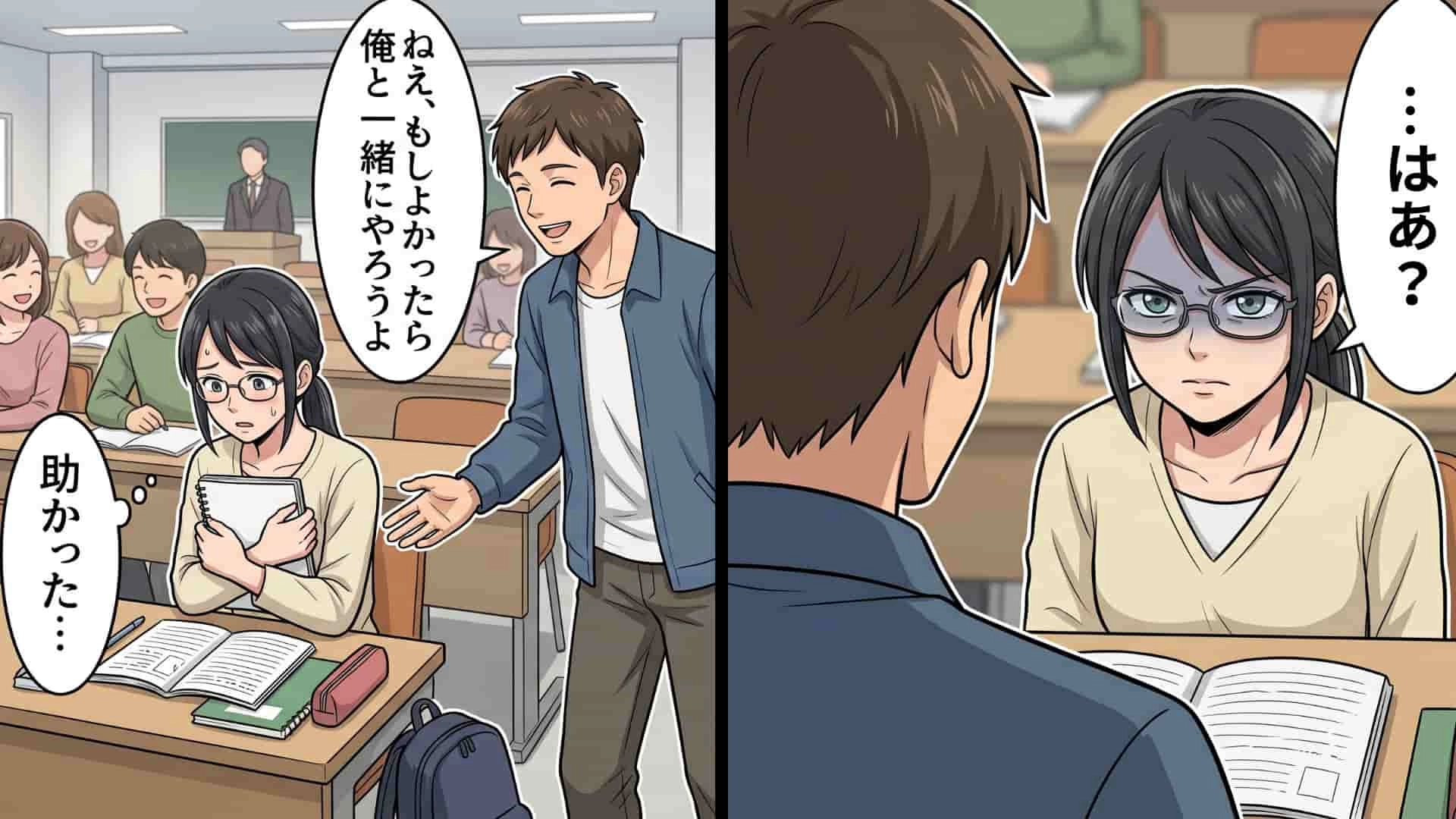 【ノンデリ】大学の講義中。ひとりぼっちの私に救世主が♡ ...と思っていたら、同級生の男子から【とんでもない発言】をされて激怒!