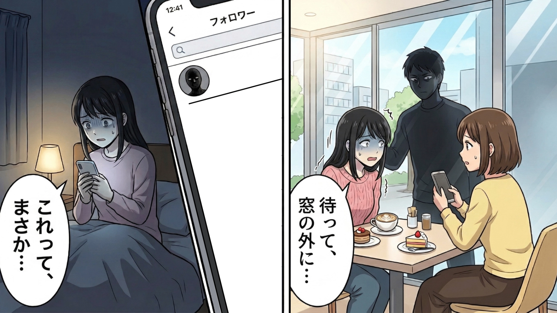 居酒屋バイトに来る、ただの無口な常連客。休日にカフェを満喫する様子をSNSに投稿すると、なぜか目の前に彼が立っていて！？私の居場所がバレた【恐怖の理由】とは...！