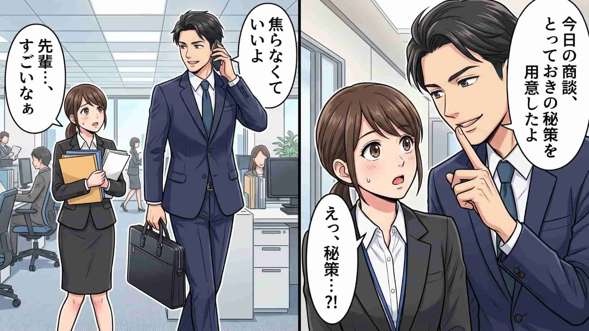 【職場】営業トップの先輩に初めて同行。1位に輝くための『とっておきの秘策』が予想外すぎて、主人公困惑...！？・前編