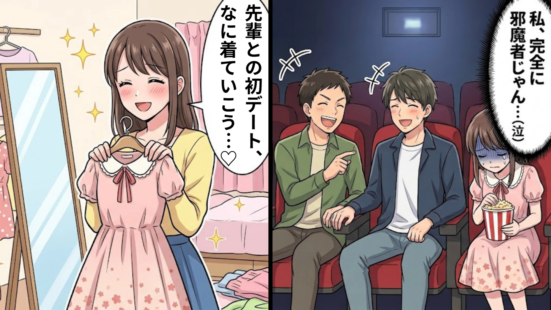 【胸キュン♡】先輩との初デート。しかし、待ちあわせ場所には彼の友だちも…映画デートは予想外の結末に！