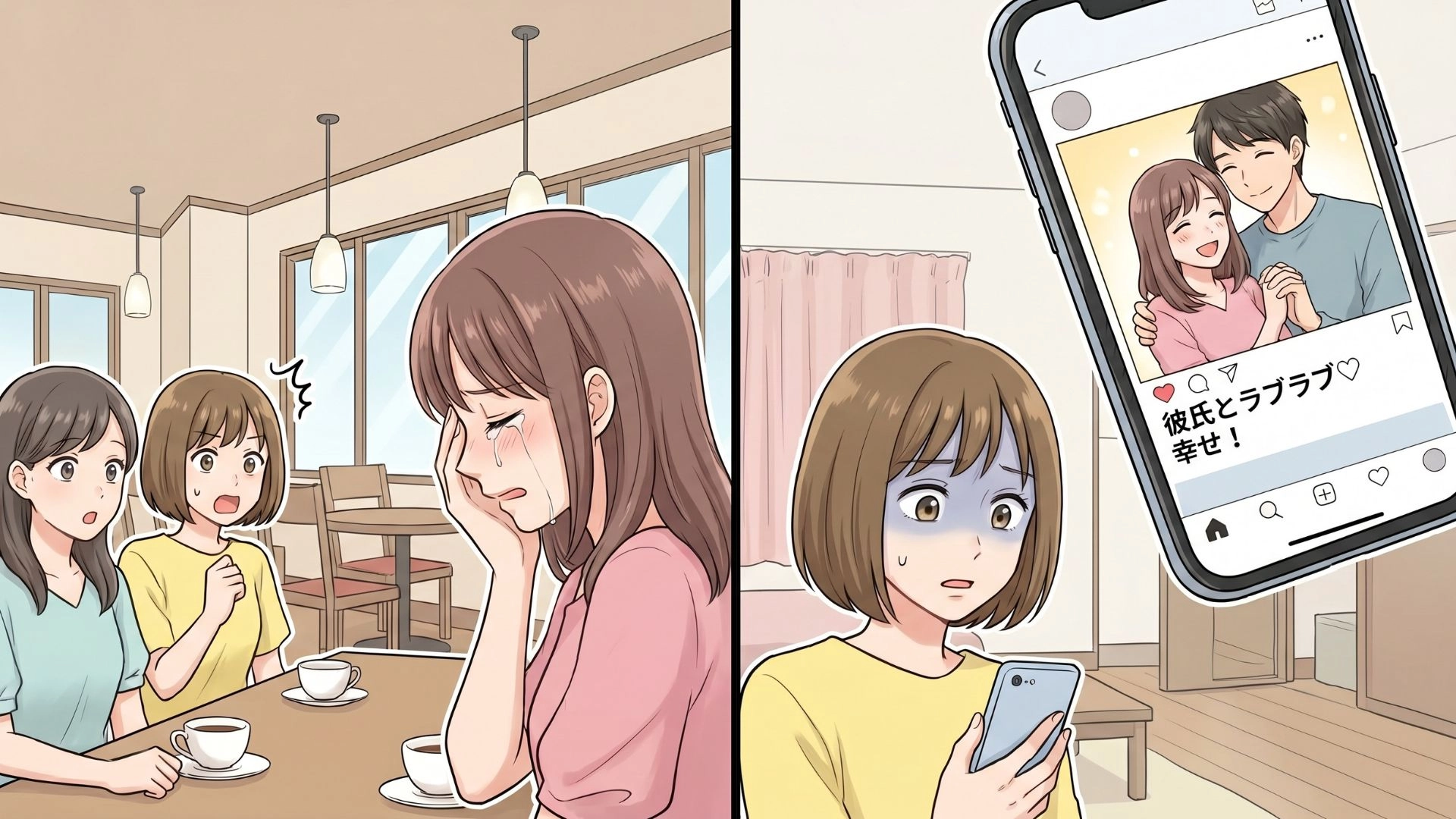 友人からの突然の「彼氏と別れたい」宣言。しかし、SNSを見ると“ラブラブな投稿”が...振り回された主人公は【まさかの行動】を！？・前編
