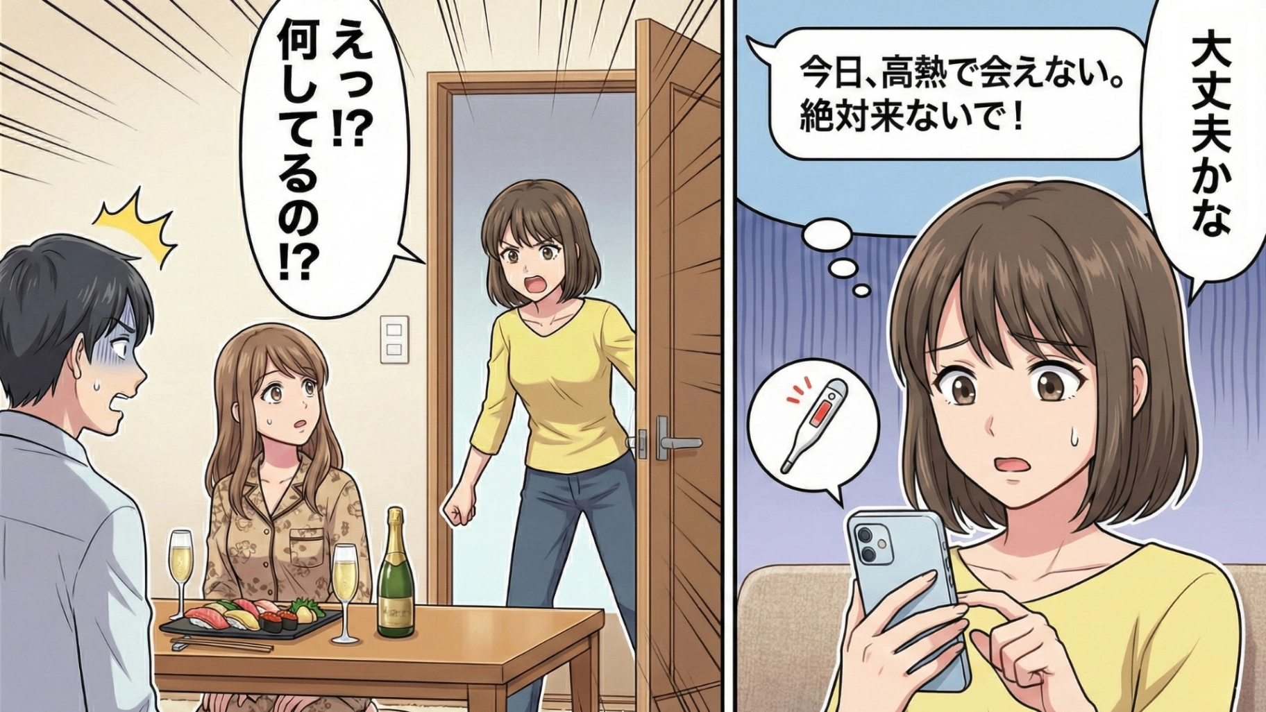 「高熱だから絶対来ないで」同棲直前、看病を拒否する彼。その直後、共有アプリに『特上寿司2人前』の配達完了通知が!?家へ突撃すると【衝撃の事実】が発覚して...!