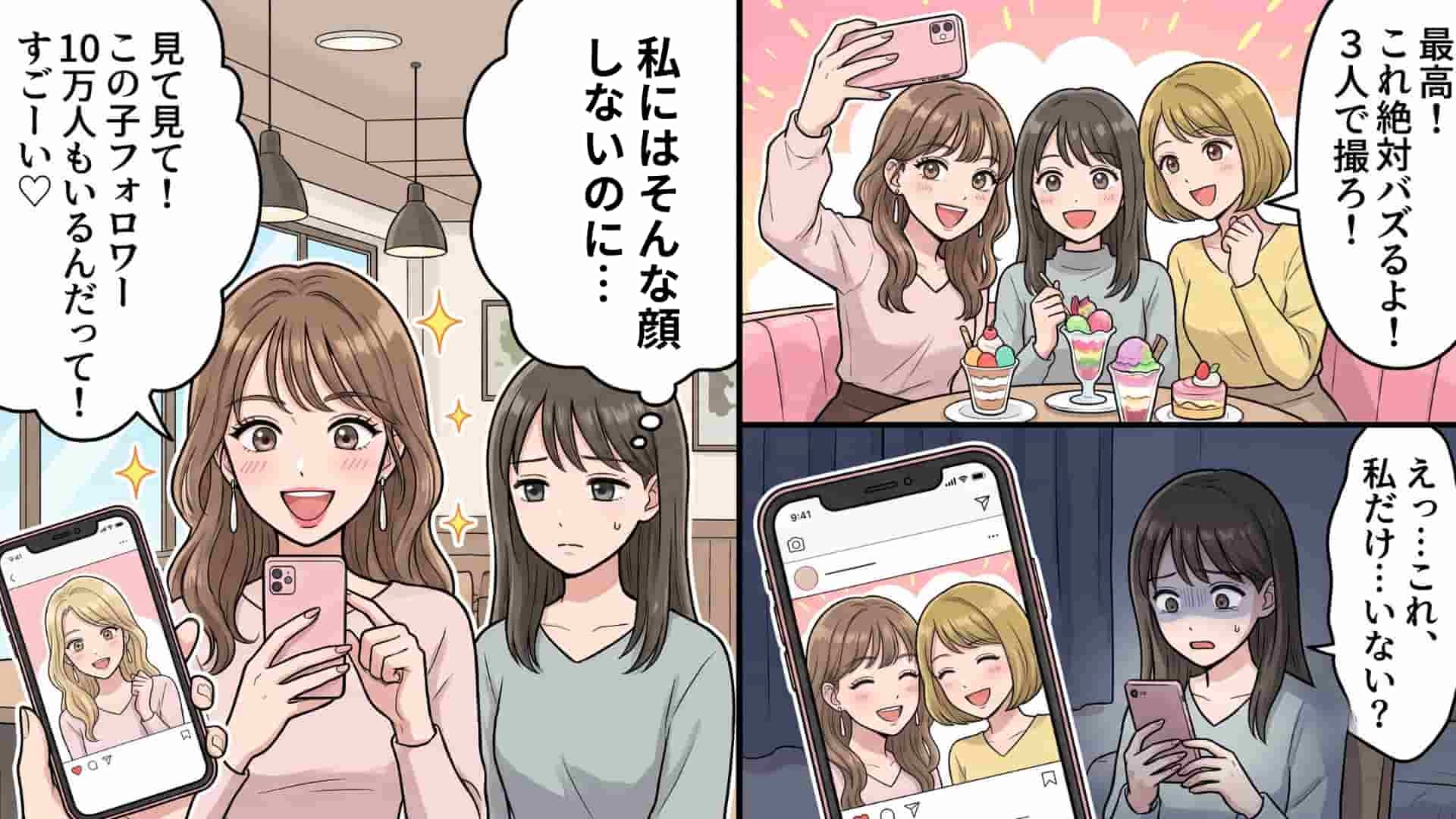 【最後にスカッと！】3人で撮ったのに、私だけいない！？友だちがSNSに『恐ろしい投稿』をしていてドン引き...！・前編