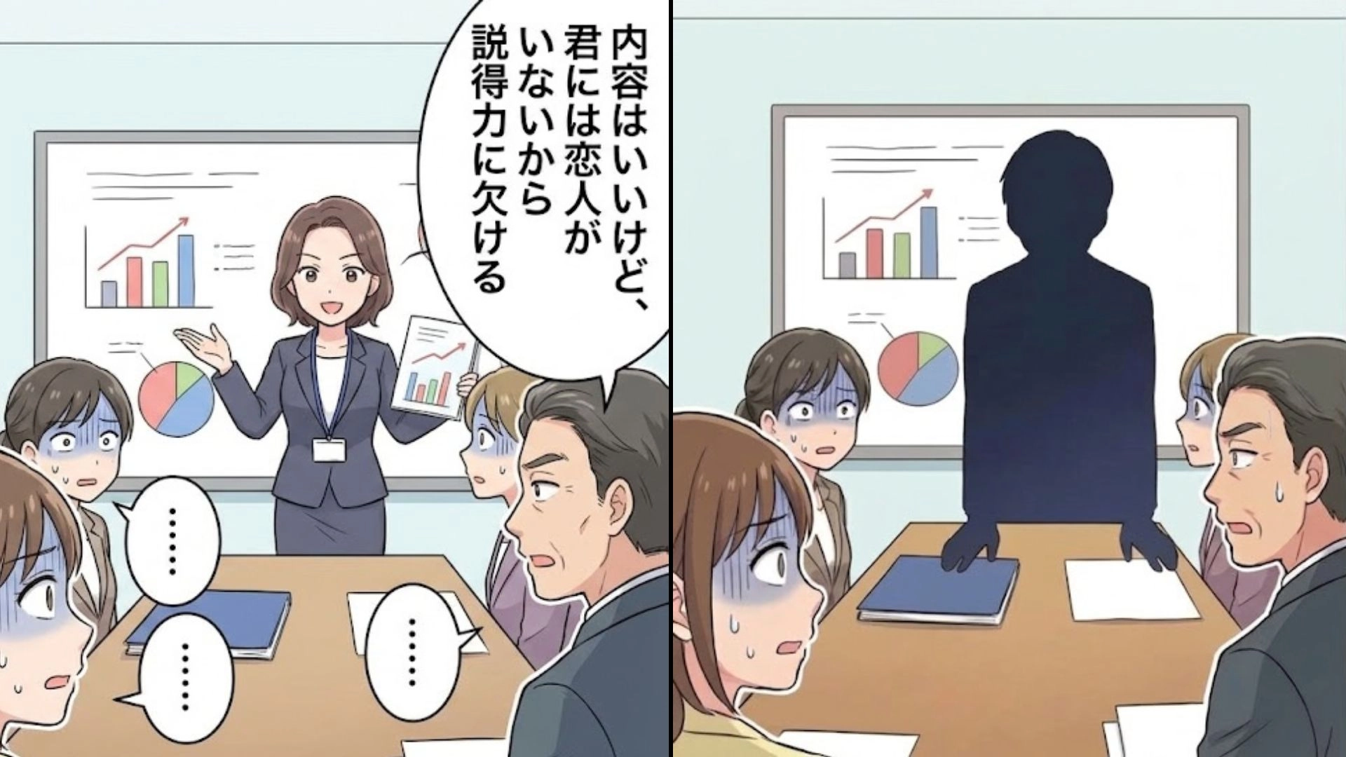 「恋人がいないから説得力に欠ける」【部下の恋愛事情に口出し】するハラスメント上司。完璧なプレゼンをぶち壊した“非常識発言”に全員が絶句して...！