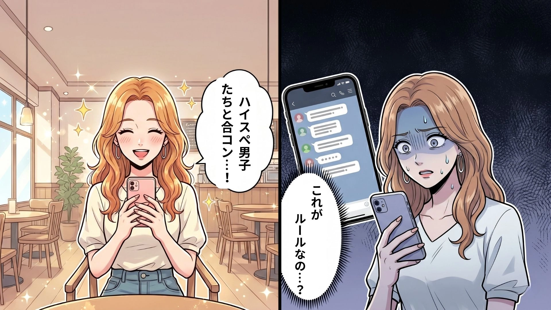 「合格で！」友人から誘われた“ハイスぺ男子との合コン”。グループチャットに参加すると【最悪なルール】が判明...！？・前編