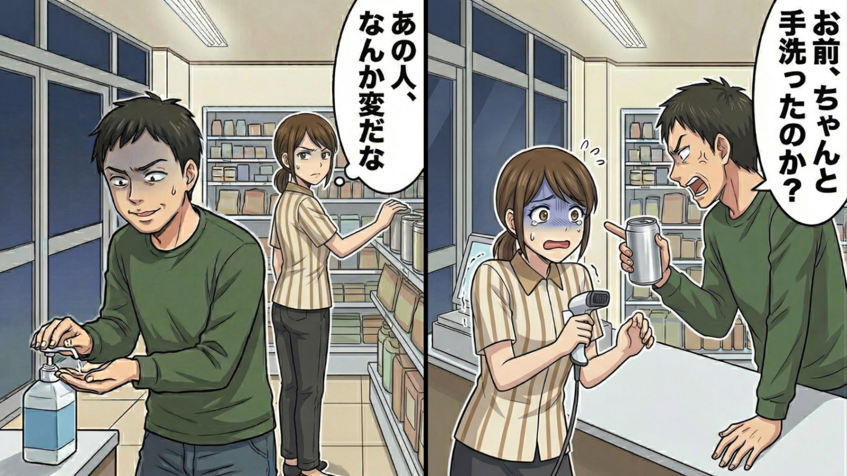 【カスハラ】「お前、ちゃんと手洗ったのか？」深夜のコンビニバイトに現れた、潔癖症のクレーム客。接客すると“衝撃発言”を連発して大暴れ！？追い詰められた私を救ってくれた【まさかの人物】とは...！・前編