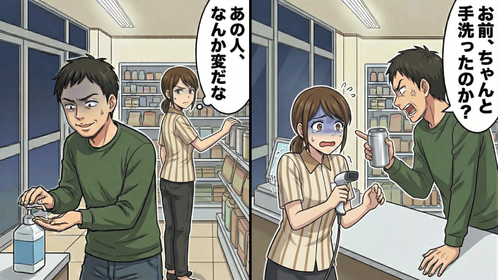 【カスハラ「お前、ちゃんと手洗ったのか？」深夜のコンビニバイトに現れた、潔癖症のクレーム客。接客すると“衝撃発言”を連発して大暴れ…！？追い詰められた私を救ってくれた【まさかの人物】とは...！・前編