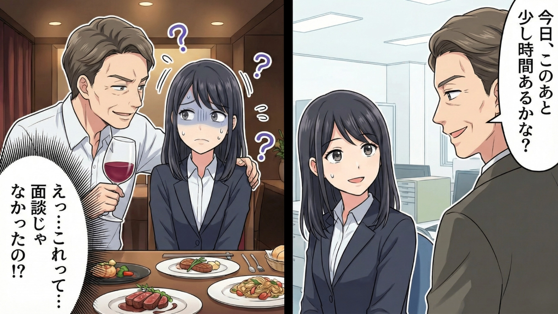 「ちょっと時間ある?」おじさん上司からの突然の誘い…ただの面談だと思ったら【まさかの事態】に!?・前編