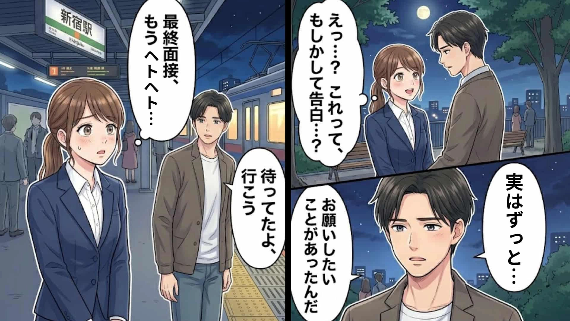 【後編】【就活】憧れの彼と企業説明会で遭遇♡「実はずっとお願いしたいことがあったんだ」最終面接後、突然呼び出されて...“予想外の展開”に主人公パニック！？