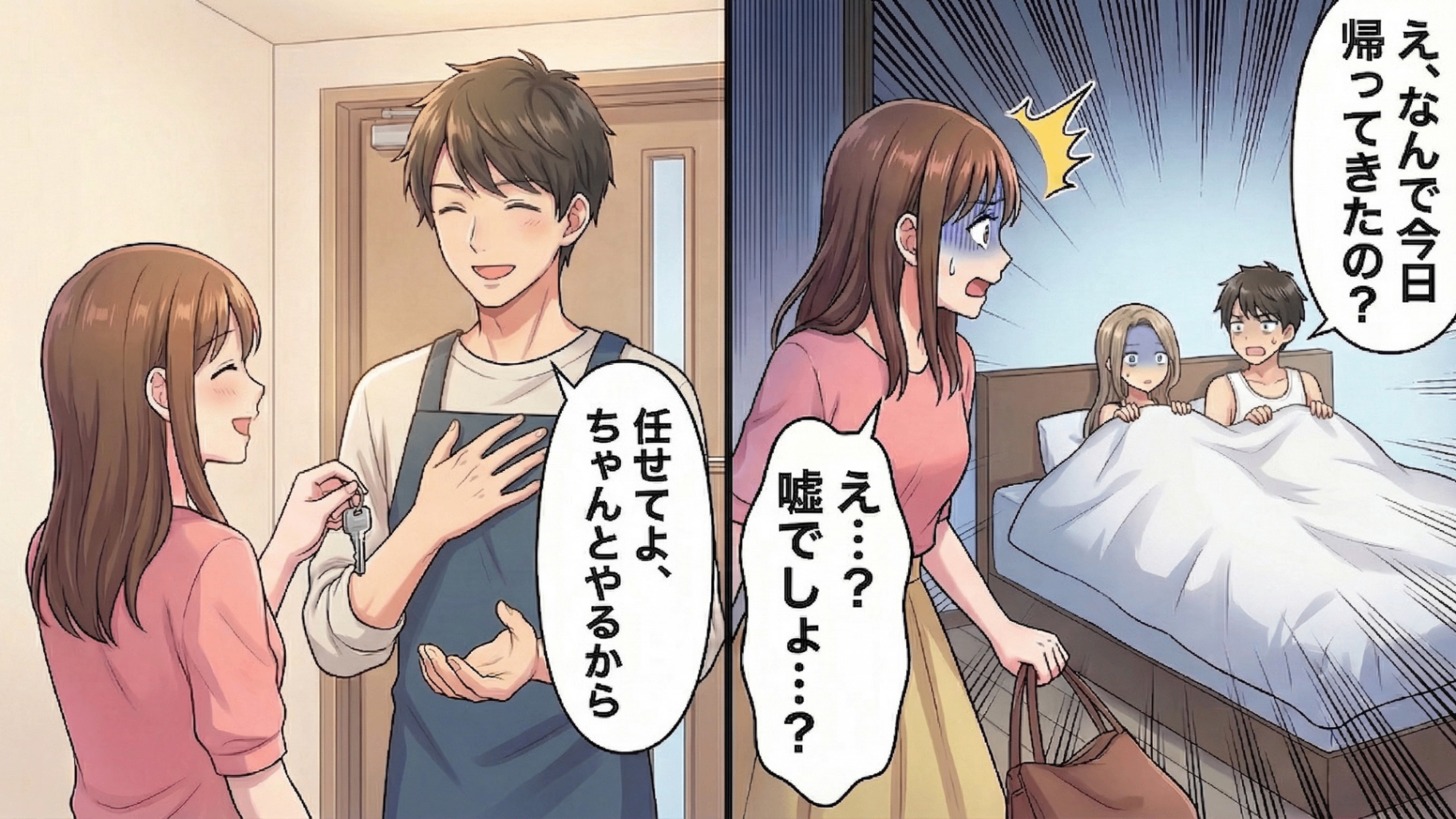 出張中に彼へ留守番を頼んだはずが、帰宅すると【ベッドに見知らぬ女性】といる姿を目撃…！？「なんで帰ってきたの？」と悪びれないひと言に絶句。混乱と怒りがこみ上げた私は“ある行動”に…！・前編