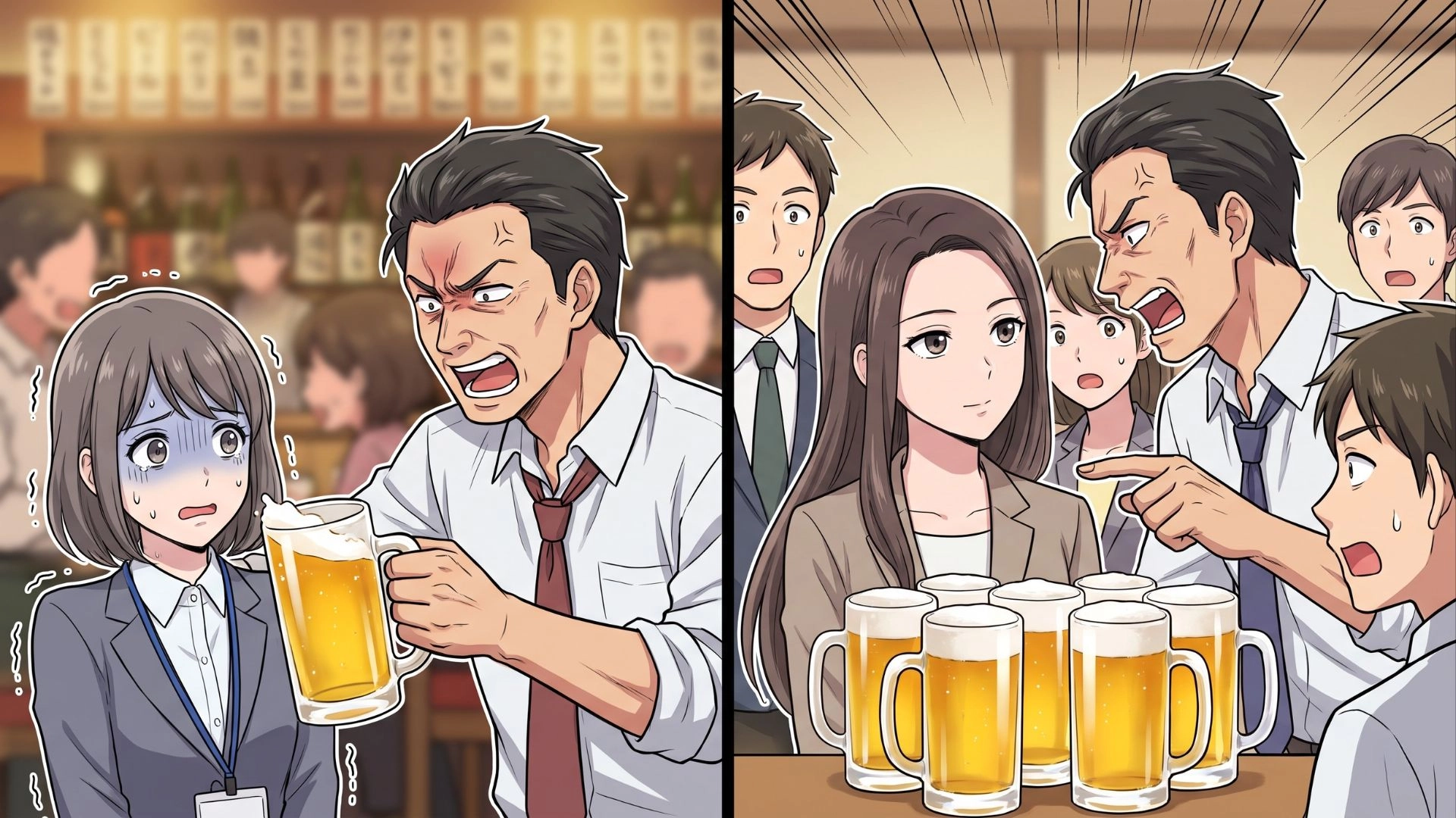 お酒が飲めない後輩に迫る【アルハラ上司】。次なるターゲットにされた主人公の対応によって、上司に『予想外の天罰』が…！？・前編