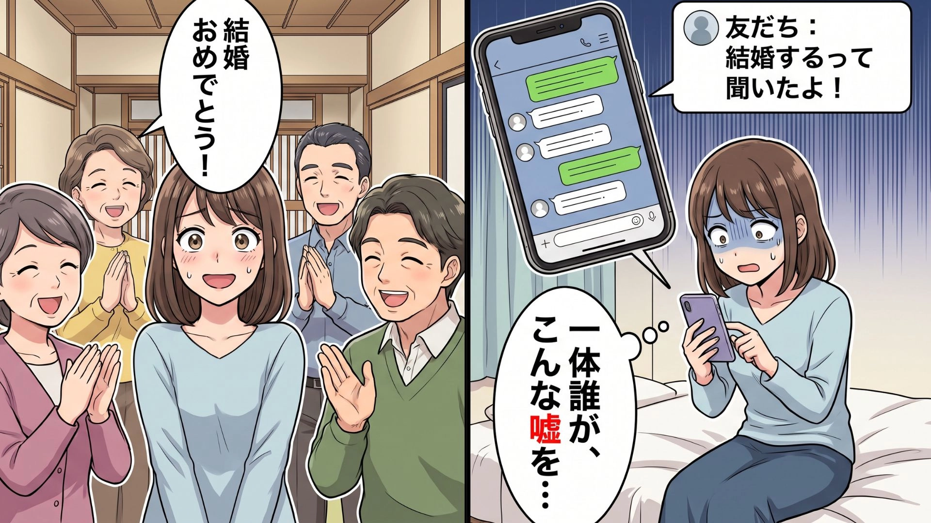 【まさかの展開】「結婚おめでとう！」久しぶりの帰省で待ち受けていたお祝いの嵐。【身に覚えのない結婚話】に、主人公は大パニックで...！？・前編
