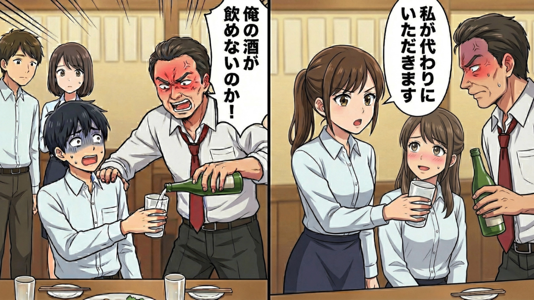 「俺の酒が飲めないのか！」職場の飲み会で若手に無理やり酒を強要する時代錯誤な上司。すると後輩を庇った私に怒りの矛先が向き、まさかの勝負に発展！？誰も予想していなかった【衝撃の結末】へ…！・前編