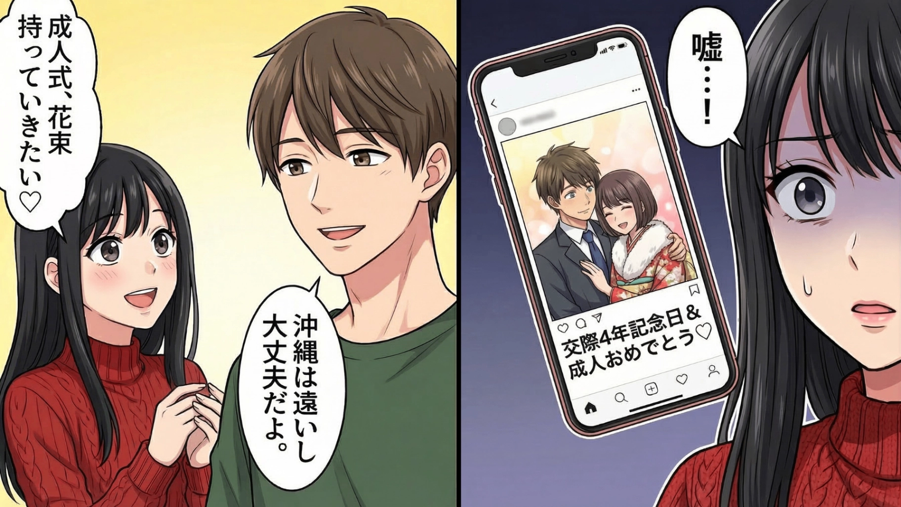 「元カノに会わせたくなかったんだ（泣）」年下の彼氏の成人式。写真の背景に見えた違和感から思わぬ嘘が発覚！？さらに彼が隠していた【衝撃の秘密】とは…！