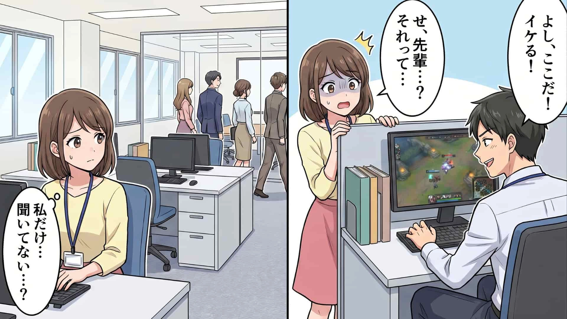 【職場】憧れのインターン先で〈なぜか私だけ〉ミーティングに呼ばれない！？不自然な職場環境と、隣の席でサボる先輩が隠していた【信じられない理由】とは…！・前編