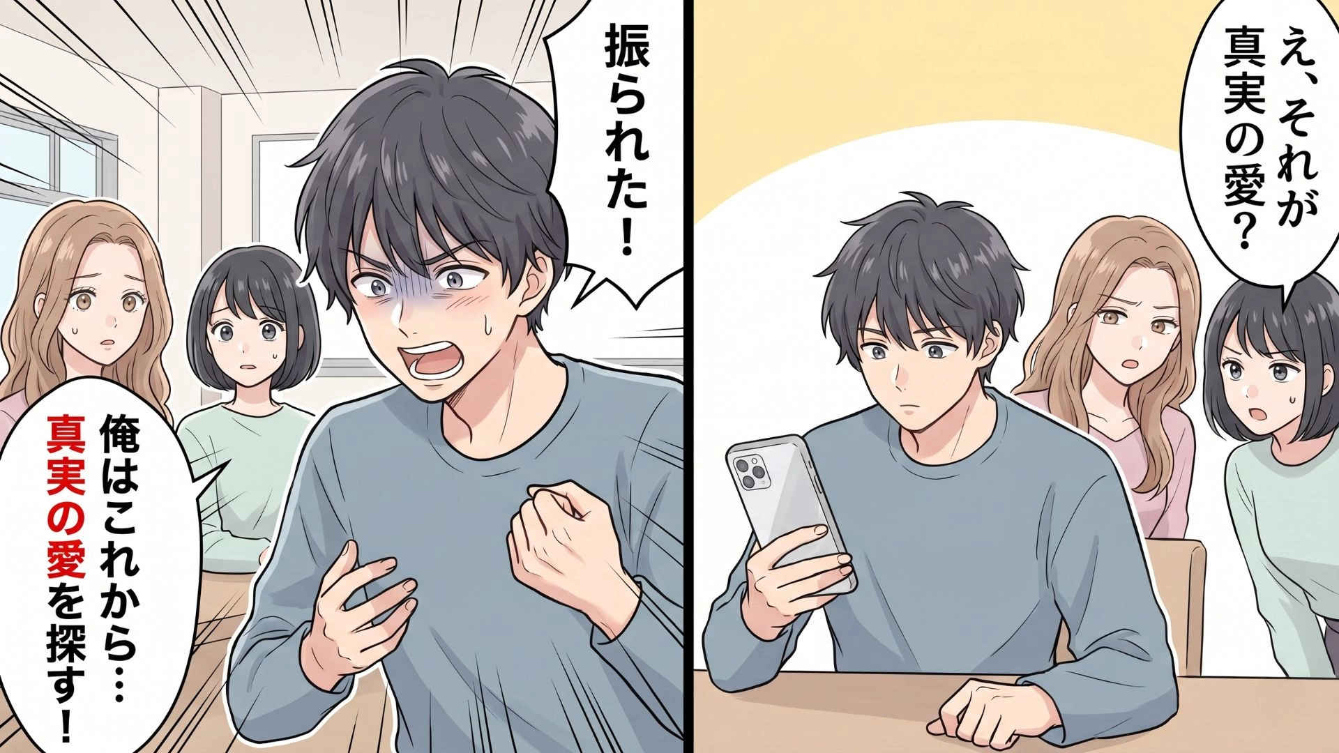 失恋した男友だちが「真実の愛を探す!」と宣言。しかし、スマホに写っていたのは【まさかのアプリ】で...!?・前編