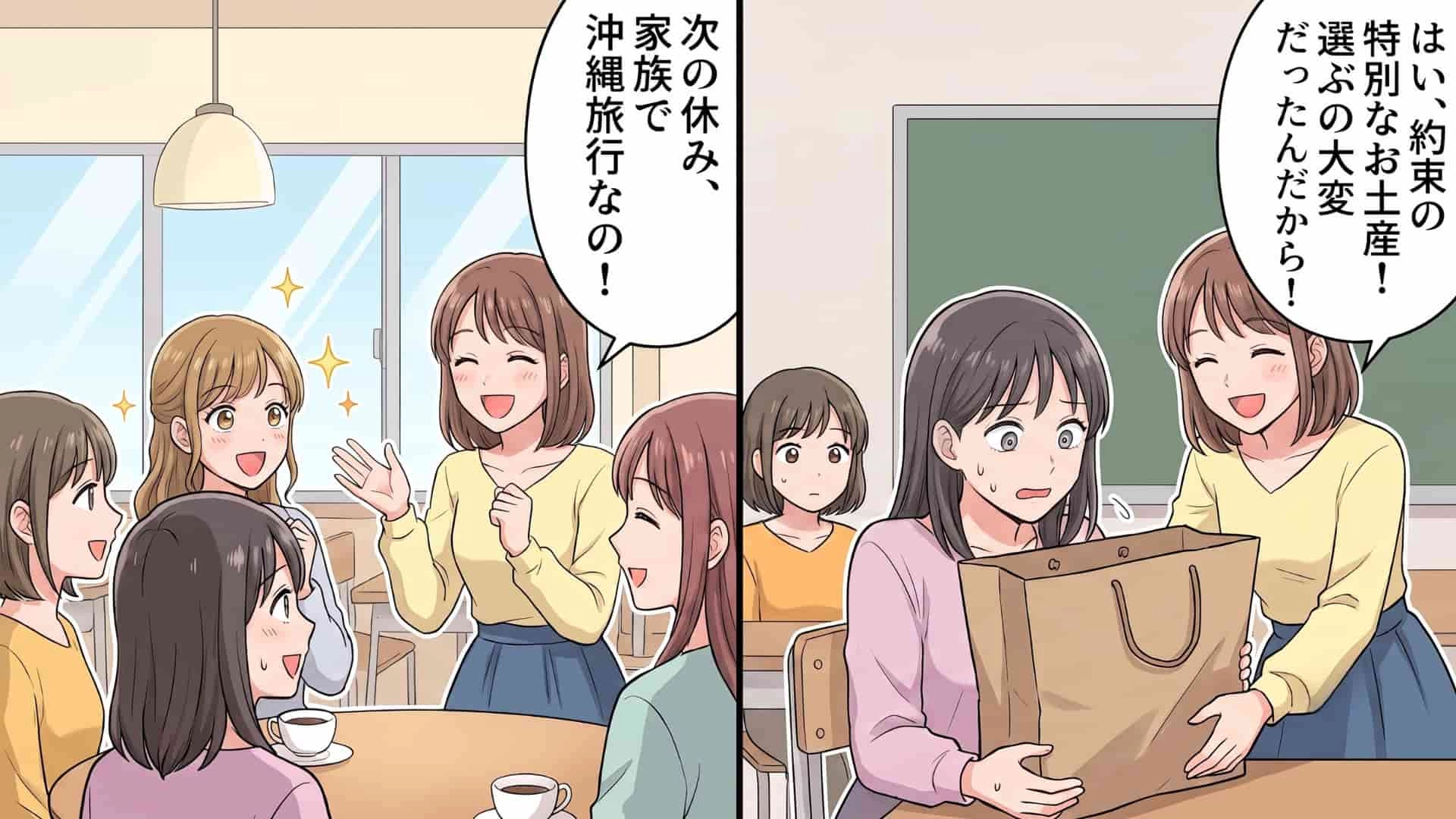【友だちトラブル】友人からのお土産に一同ドン引き！？後日、誰も予想できなかった【衝撃の事実】が発覚して…！・前編