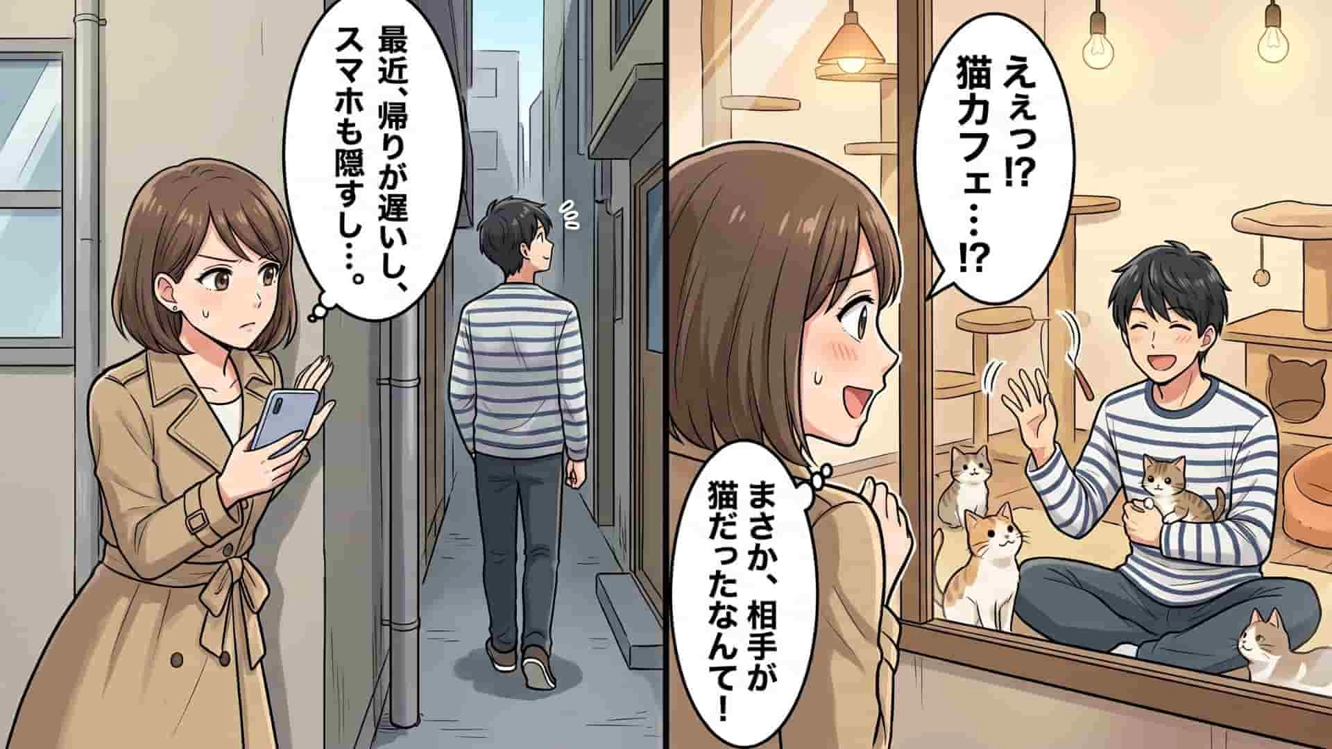 スマホを隠す彼氏を尾行すると『猫カフェ』に到着！？一件落着と思いきや、女の直感が暴き出した【まさかの真実】とは...！・前編